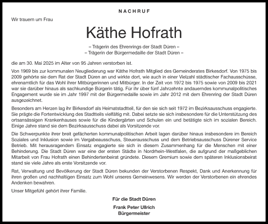 Traueranzeige von Käthe Hofrath von Zeitung am Sonntag