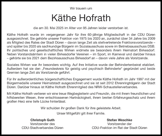 Traueranzeige von Käthe Hofrath von Zeitung am Sonntag