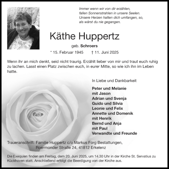 Traueranzeige von Käthe Huppertz von Zeitung am Sonntag