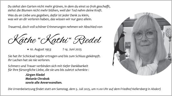 Traueranzeige von Käthe Riedel von Zeitung am Sonntag