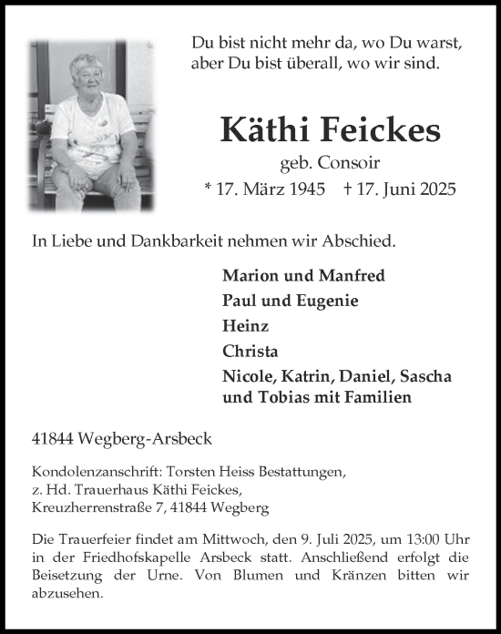 Traueranzeige von Käthi Feickes von Zeitung am Sonntag