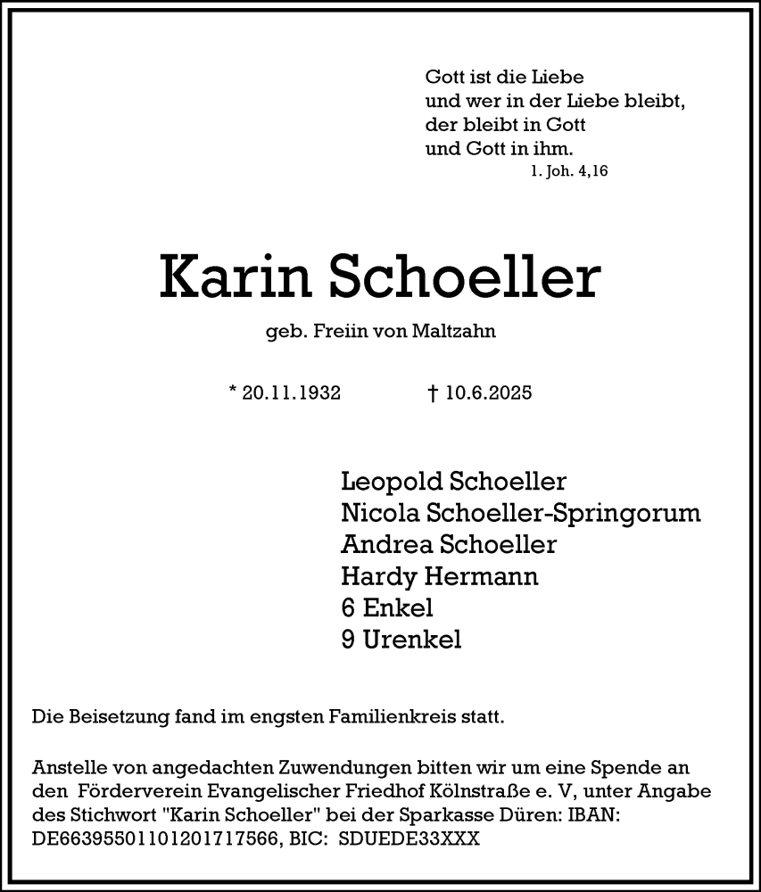  Traueranzeige für Karin Schoeller vom 29.06.2025 aus Zeitung am Sonntag