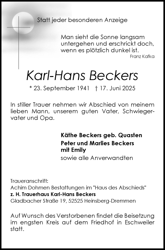 Traueranzeige von Karl-Hans Beckers von Zeitung am Sonntag