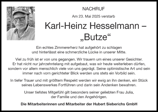 Traueranzeige von Karl-Heinz Hesselmann von Zeitung am Sonntag