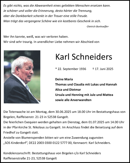 Traueranzeige von Karl Schneiders von Zeitung am Sonntag
