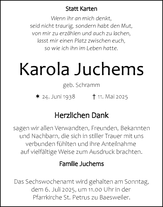Traueranzeige von Karola Juchems von Zeitung am Sonntag