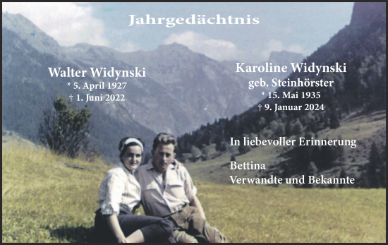 Traueranzeige von Karoline Widynski von Aachener Zeitung