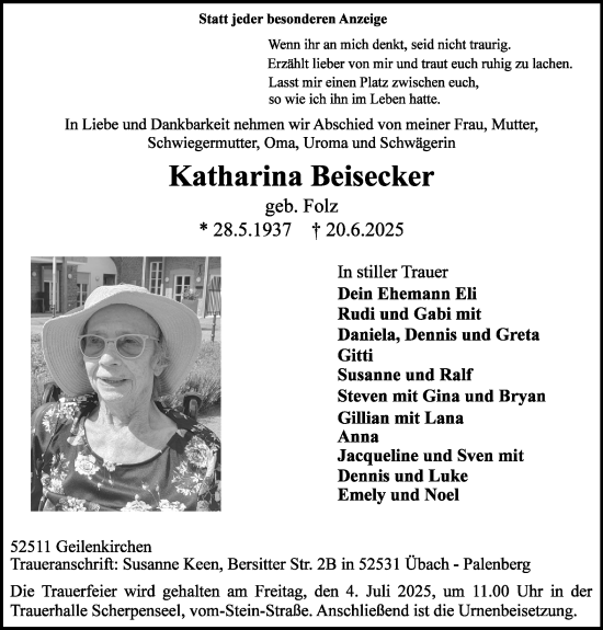 Traueranzeige von Katharina Beisecker von Zeitung am Sonntag