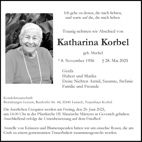 Traueranzeige von Katharina Korbel von Zeitung am Sonntag
