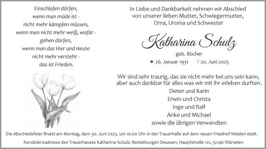 Traueranzeige von Katharina Schulz von Zeitung am Sonntag