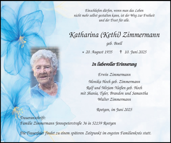 Traueranzeige von Katharina Zimmermann von Zeitung am Sonntag