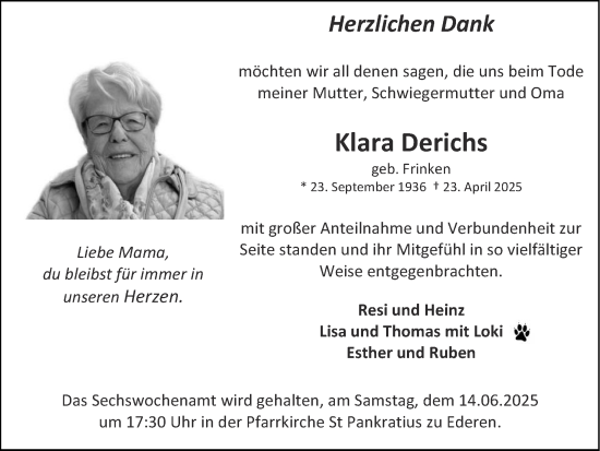Traueranzeige von Klara Derichs von Zeitung am Sonntag