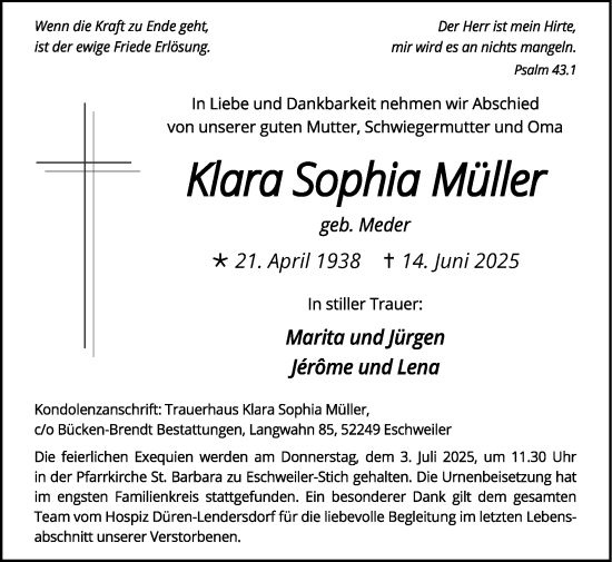 Traueranzeige von Klara Sophia Müller von Zeitung am Sonntag