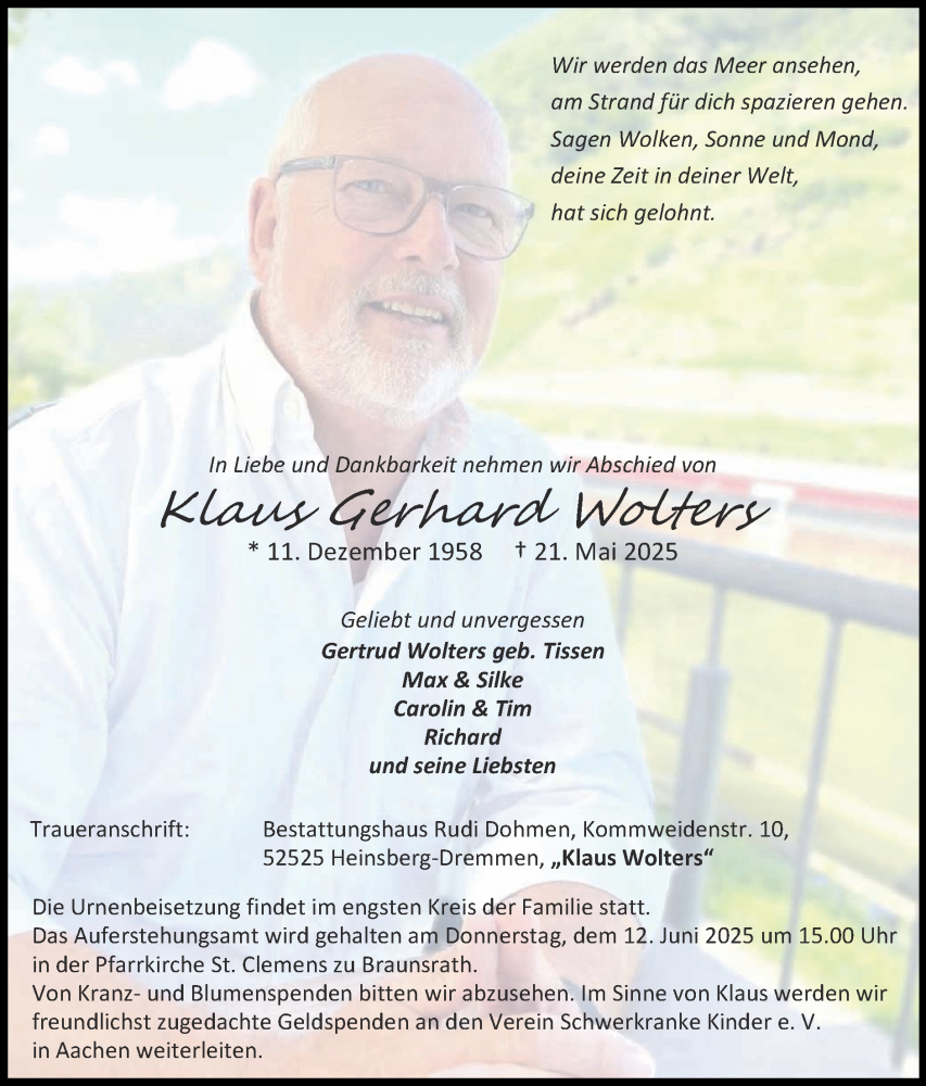  Traueranzeige für Klaus Gerhard Wolters vom 08.06.2025 aus Zeitung am Sonntag