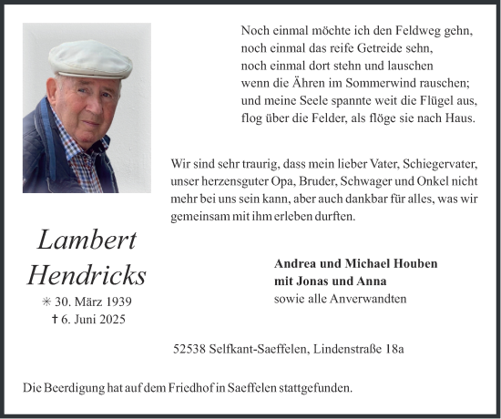 Traueranzeige von Lambert Hendricks von Zeitung am Sonntag