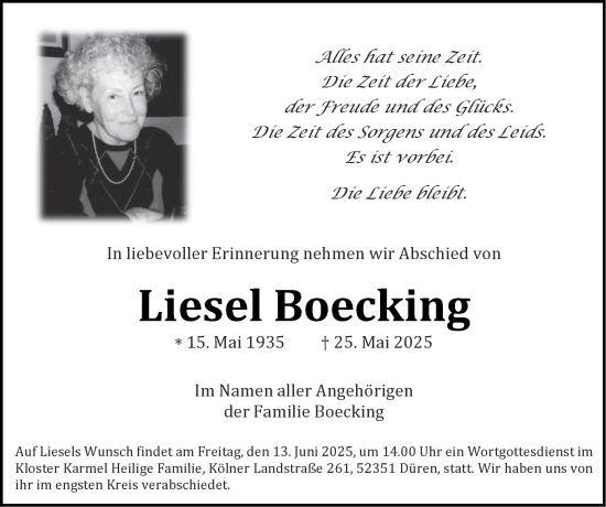 Traueranzeige von Liesel Boecking von Zeitung am Sonntag