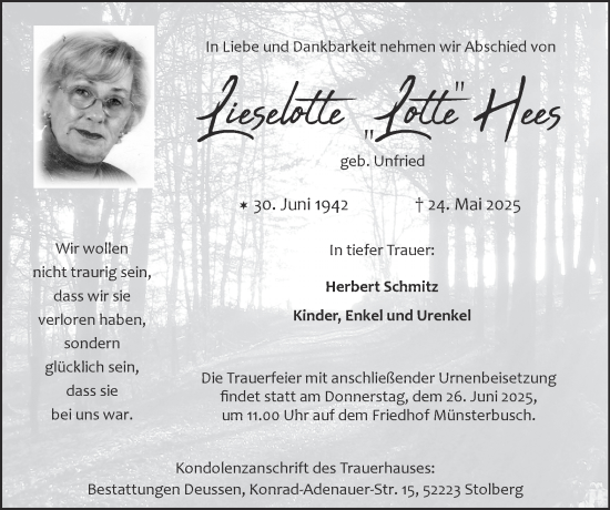 Traueranzeige von Lieselotte Hees von Zeitung am Sonntag