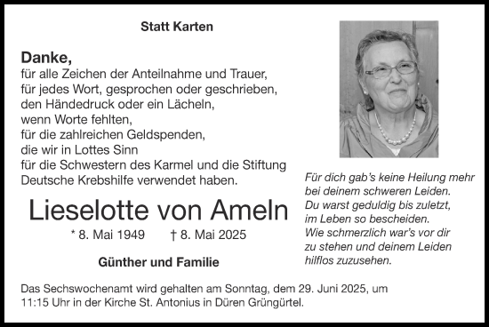 Traueranzeige von Lieselotte von Ameln von Zeitung am Sonntag