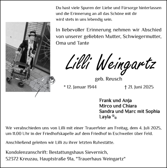 Traueranzeige von Lilli Weingartz von Zeitung am Sonntag
