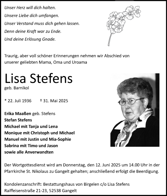 Traueranzeige von Lisa Stefens von Zeitung am Sonntag