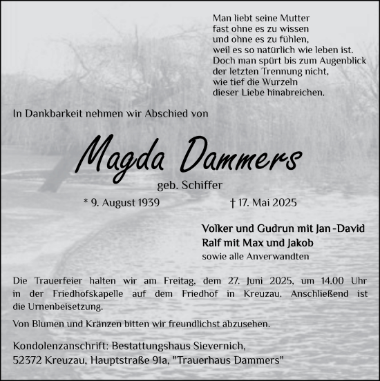 Traueranzeige von Magda Dammers von Zeitung am Sonntag