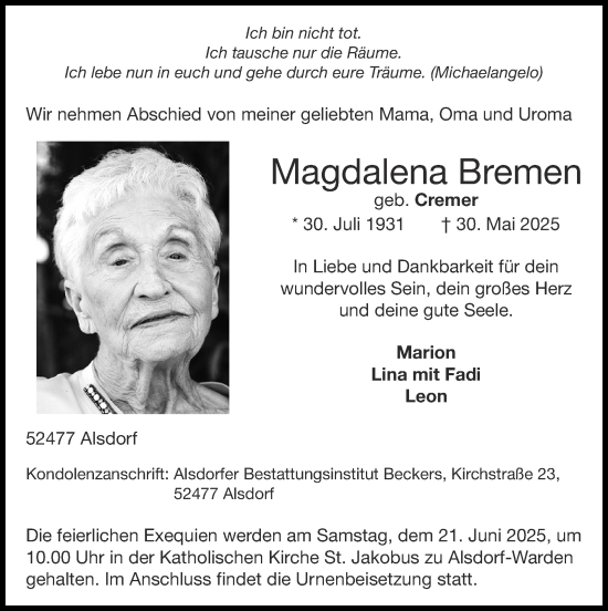 Traueranzeige von Magdalena Bremen von Zeitung am Sonntag