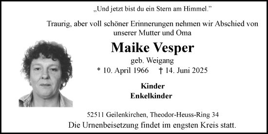 Traueranzeige von Maike Vesper von Zeitung am Sonntag