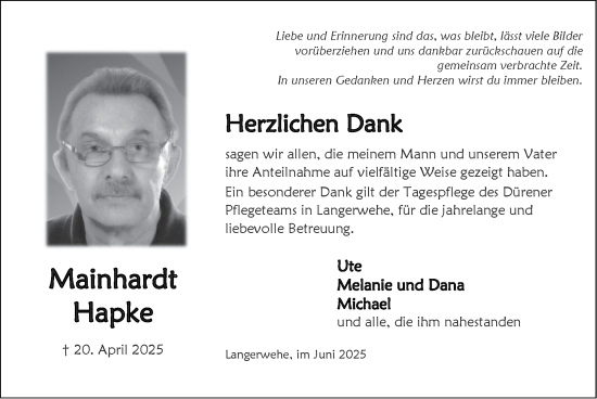 Traueranzeige von Mainhardt Hapke von Zeitung am Sonntag