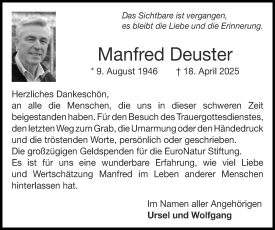 Traueranzeige von Manfred Deuster von Zeitung am Sonntag