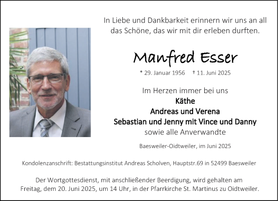 Traueranzeige von Manfred Esser von Aachener Zeitung