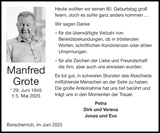 Traueranzeige von Manfred Grote von Zeitung am Sonntag