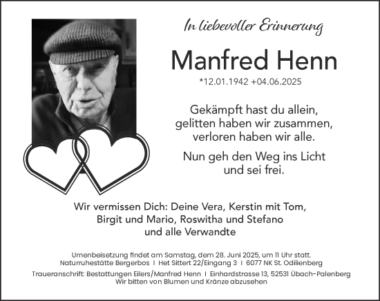 Traueranzeige von Manfred Henn von Zeitung am Sonntag