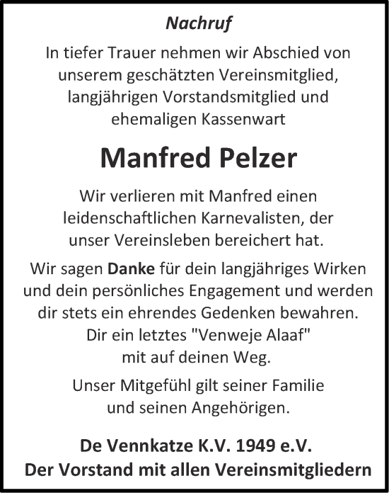 Traueranzeige von Manfred Pelzer von Zeitung am Sonntag