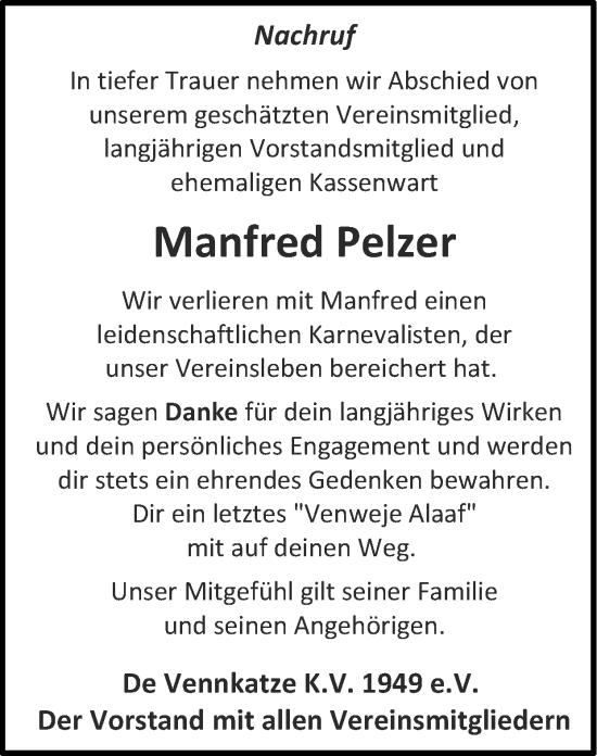 Traueranzeige von Manfred Pelzer von Zeitung am Sonntag