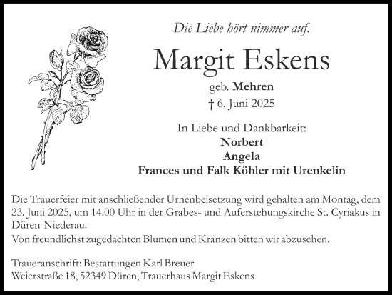 Traueranzeige von Margit Eskens von Zeitung am Sonntag