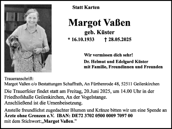 Traueranzeige von Margot Vaßen von Zeitung am Sonntag