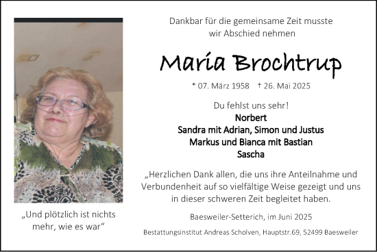 Traueranzeige von Maria Brochtrup von Zeitung am Sonntag