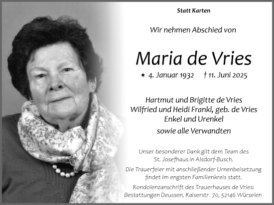 Traueranzeige von Maria de Vries von Zeitung am Sonntag