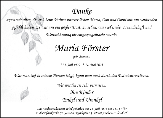 Traueranzeige von Maria Förster von Aachener Zeitung