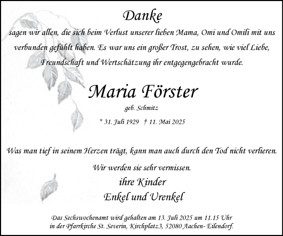 Traueranzeige von Maria Förster von Zeitung am Sonntag