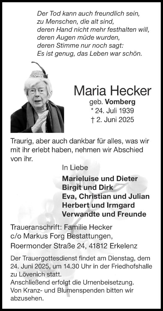 Traueranzeige von Maria Hecker von Zeitung am Sonntag