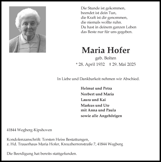 Traueranzeige von Maria Hofer von Zeitung am Sonntag