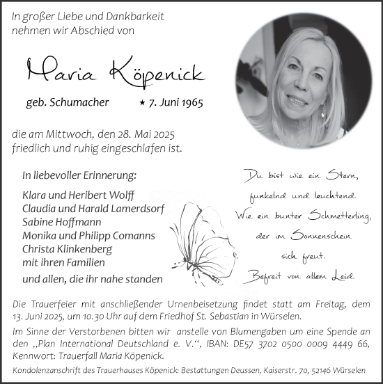 Traueranzeige von Maria Köpenick von Zeitung am Sonntag