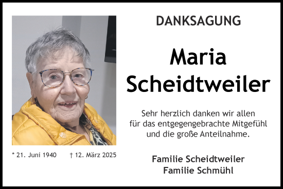 Traueranzeige von Maria Scheidtweiler von Zeitung am Sonntag
