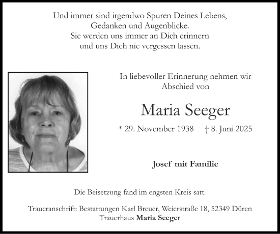 Traueranzeige von Maria Seeger von Zeitung am Sonntag