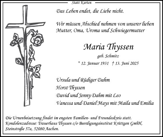 Traueranzeige von Maria Thyssen von Zeitung am Sonntag
