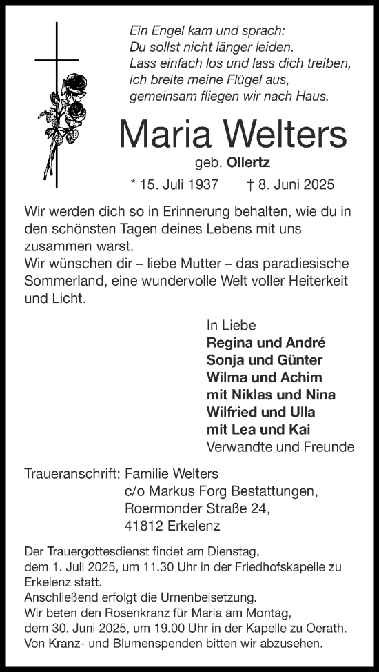 Traueranzeige von Maria Welters von Zeitung am Sonntag