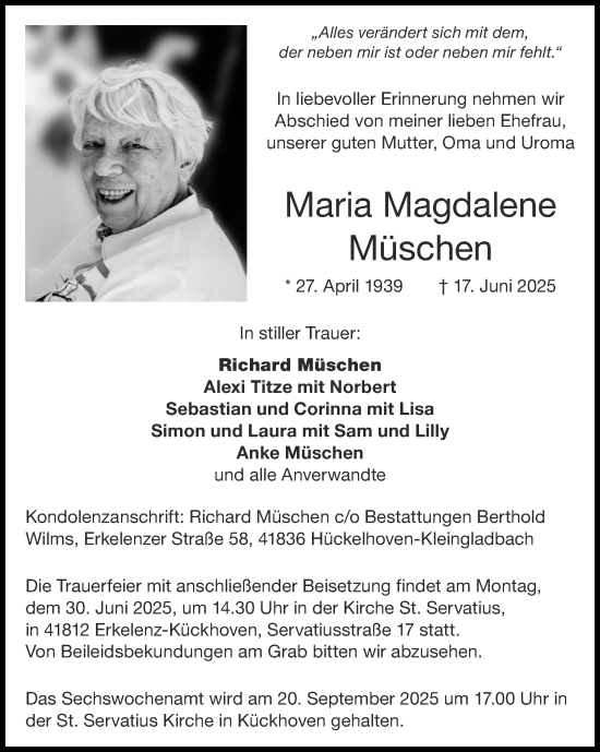 Traueranzeige von Maria Magdalene Müschen von Zeitung am Sonntag