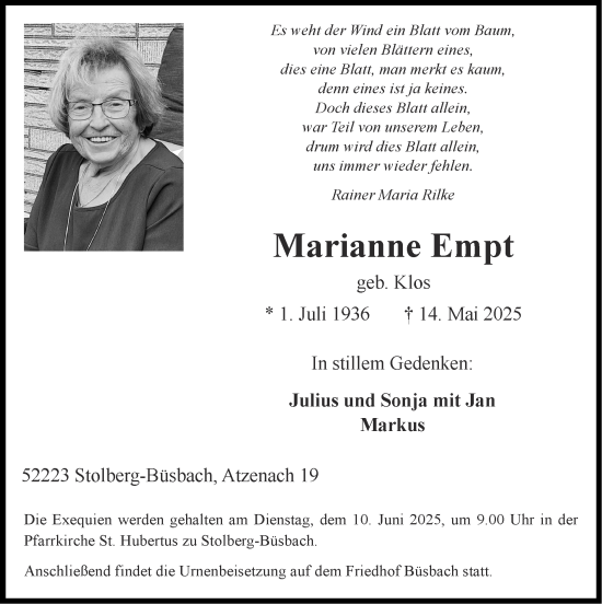 Traueranzeige von Marianne Empt von Zeitung am Sonntag