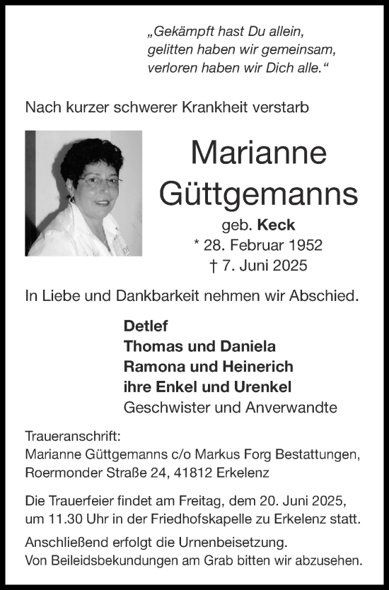 Traueranzeige von Marianne Güttgemanns von Zeitung am Sonntag